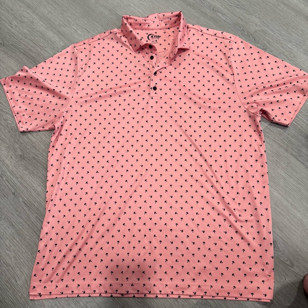 Zyia Active Coral Polo with Navy Blue Palm Tree Pattern